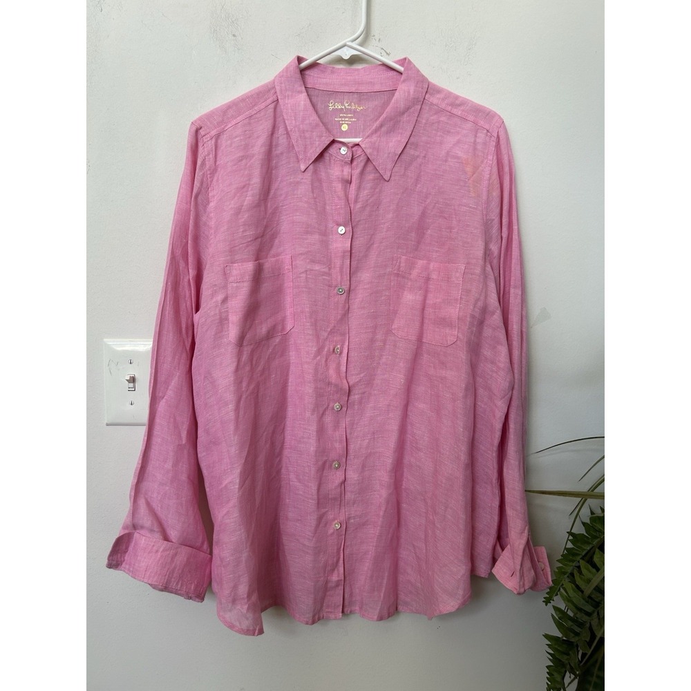 Lilly Pulitzer Pink 100% Linen Button Down Shirt Preppy Top Sz XL